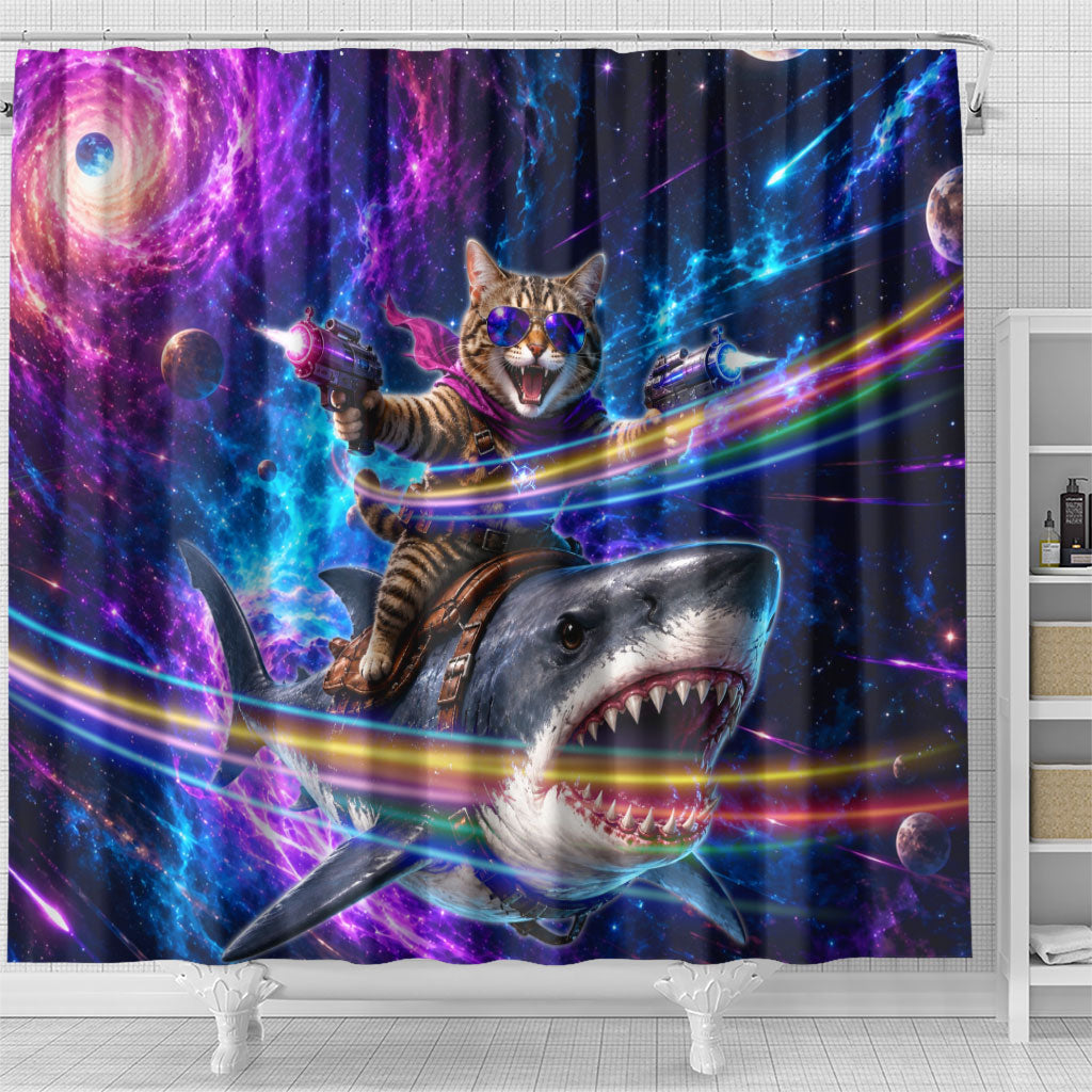 Cat Riding Shark In Space Shower Curtain Funny Cosmic Laser Cat And Shark Surreal Sci-Fi