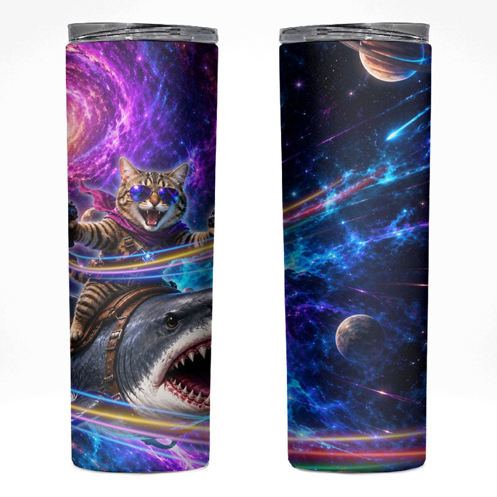 Cat Riding Shark In Space Skinny Tumbler Funny Cosmic Laser Cat And Shark Surreal Sci-Fi