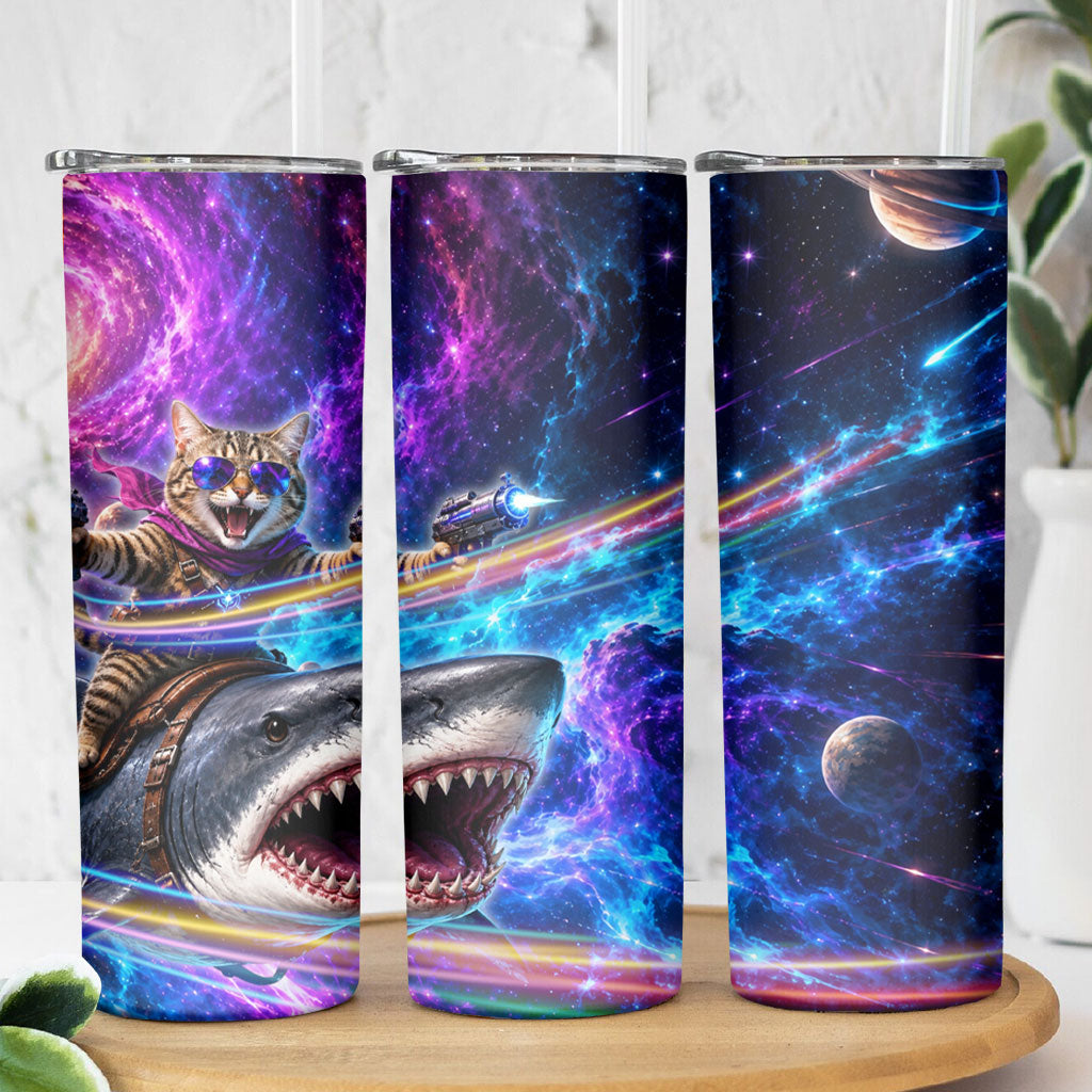 Cat Riding Shark In Space Skinny Tumbler Funny Cosmic Laser Cat And Shark Surreal Sci-Fi