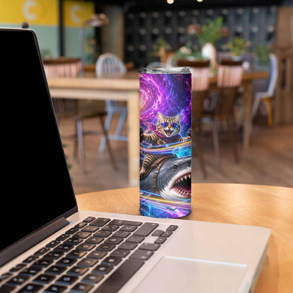 Cat Riding Shark In Space Skinny Tumbler Funny Cosmic Laser Cat And Shark Surreal Sci-Fi