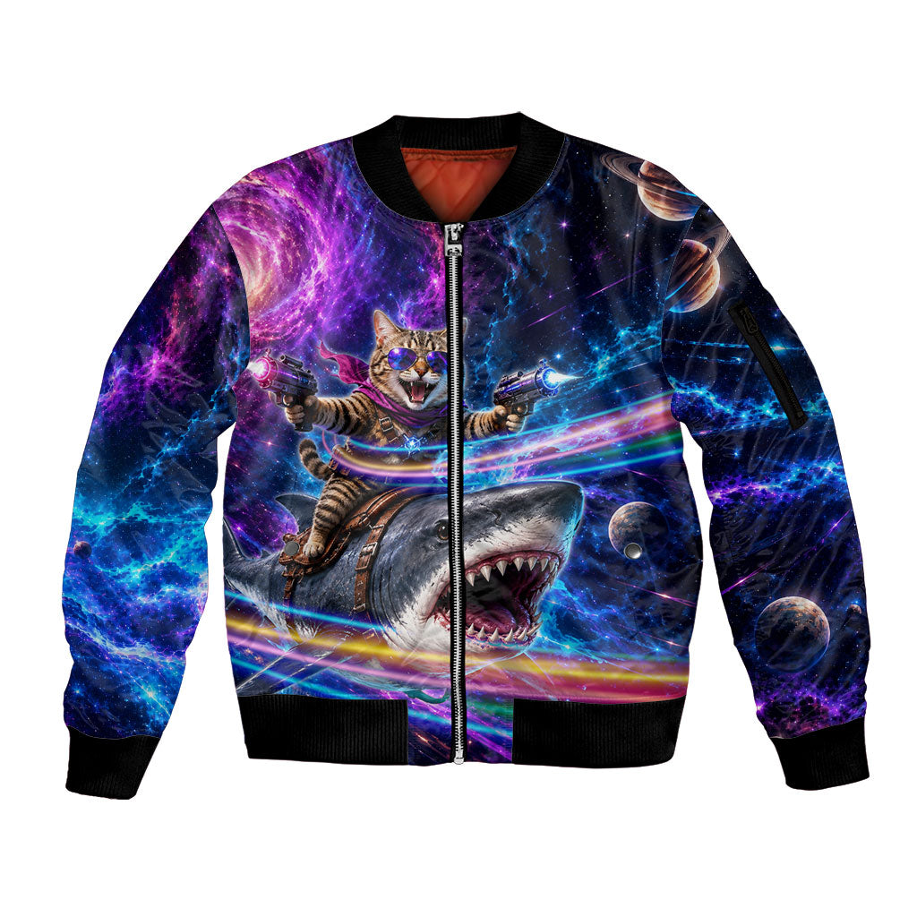 Cat Riding Shark In Space Sleeve Zip Bomber Jacket Funny Cosmic Laser Cat And Shark Surreal Sci-Fi