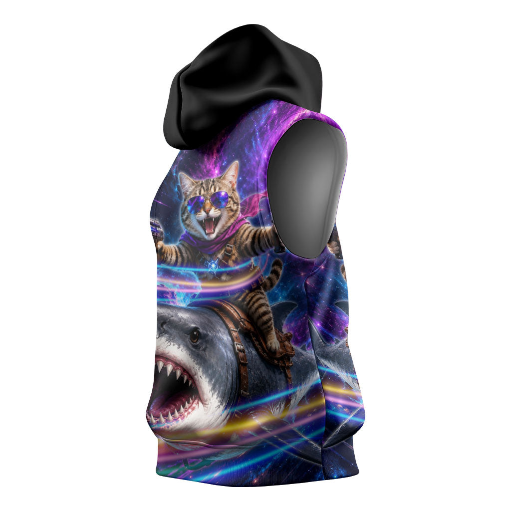 Cat Riding Shark In Space Sleeveless Hoodie Funny Cosmic Laser Cat And Shark Surreal Sci-Fi