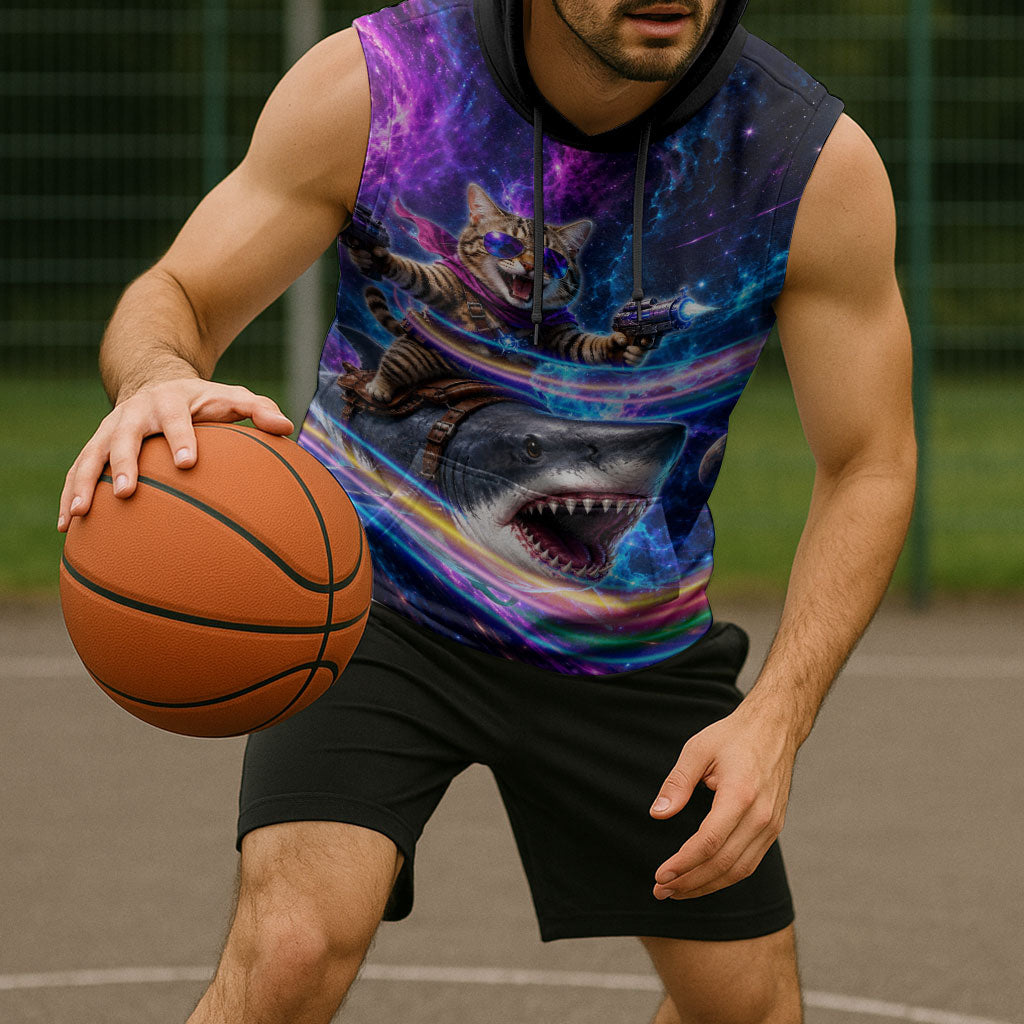 Cat Riding Shark In Space Sleeveless Hoodie Funny Cosmic Laser Cat And Shark Surreal Sci-Fi