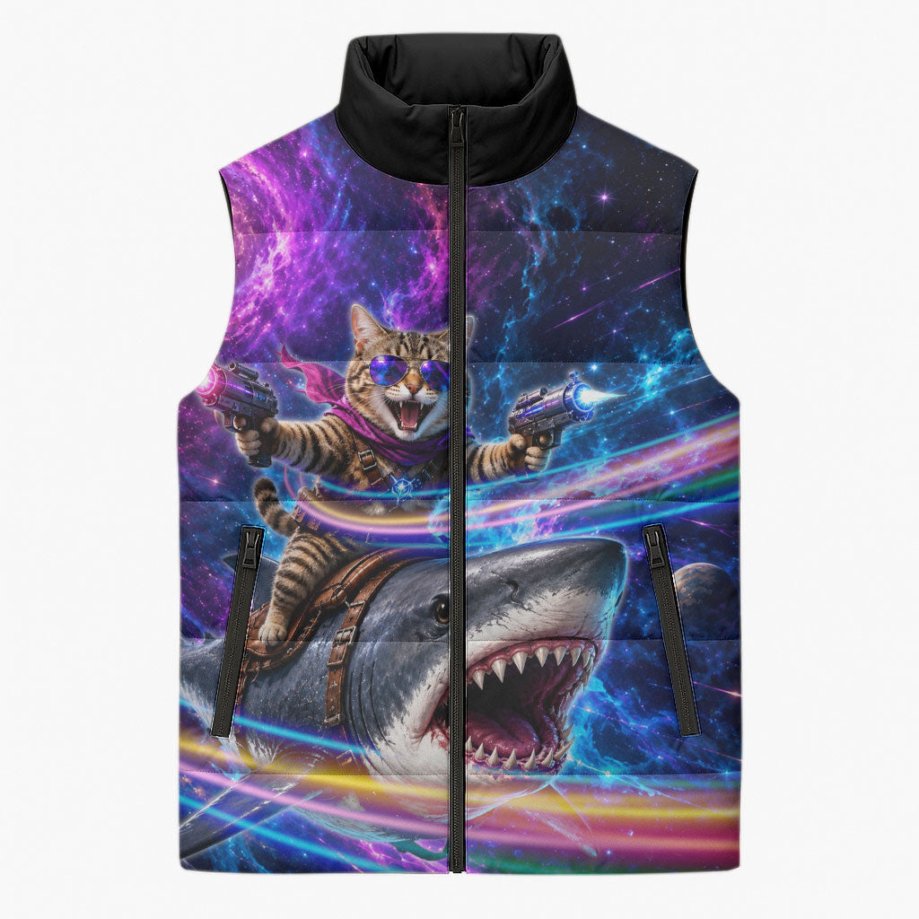 Cat Riding Shark In Space Sleeveless Puffer Jacket Funny Cosmic Laser Cat And Shark Surreal Sci-Fi
