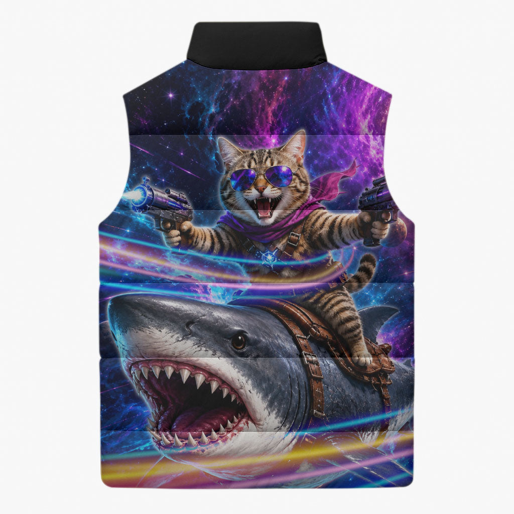 Cat Riding Shark In Space Sleeveless Puffer Jacket Funny Cosmic Laser Cat And Shark Surreal Sci-Fi