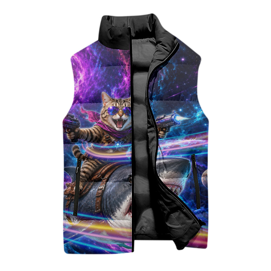 Cat Riding Shark In Space Sleeveless Puffer Jacket Funny Cosmic Laser Cat And Shark Surreal Sci-Fi