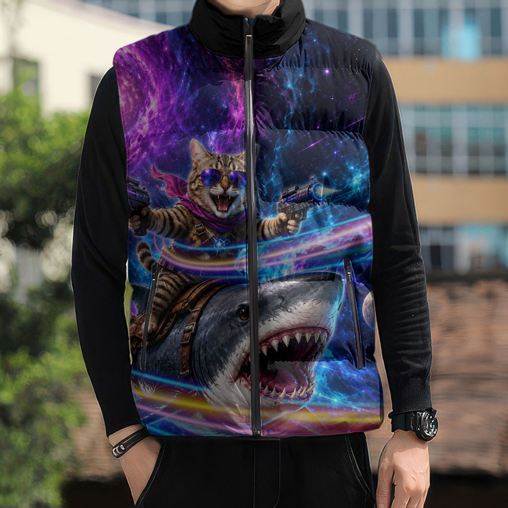 Cat Riding Shark In Space Sleeveless Puffer Jacket Funny Cosmic Laser Cat And Shark Surreal Sci-Fi