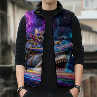Cat Riding Shark In Space Sleeveless Puffer Jacket Funny Cosmic Laser Cat And Shark Surreal Sci-Fi