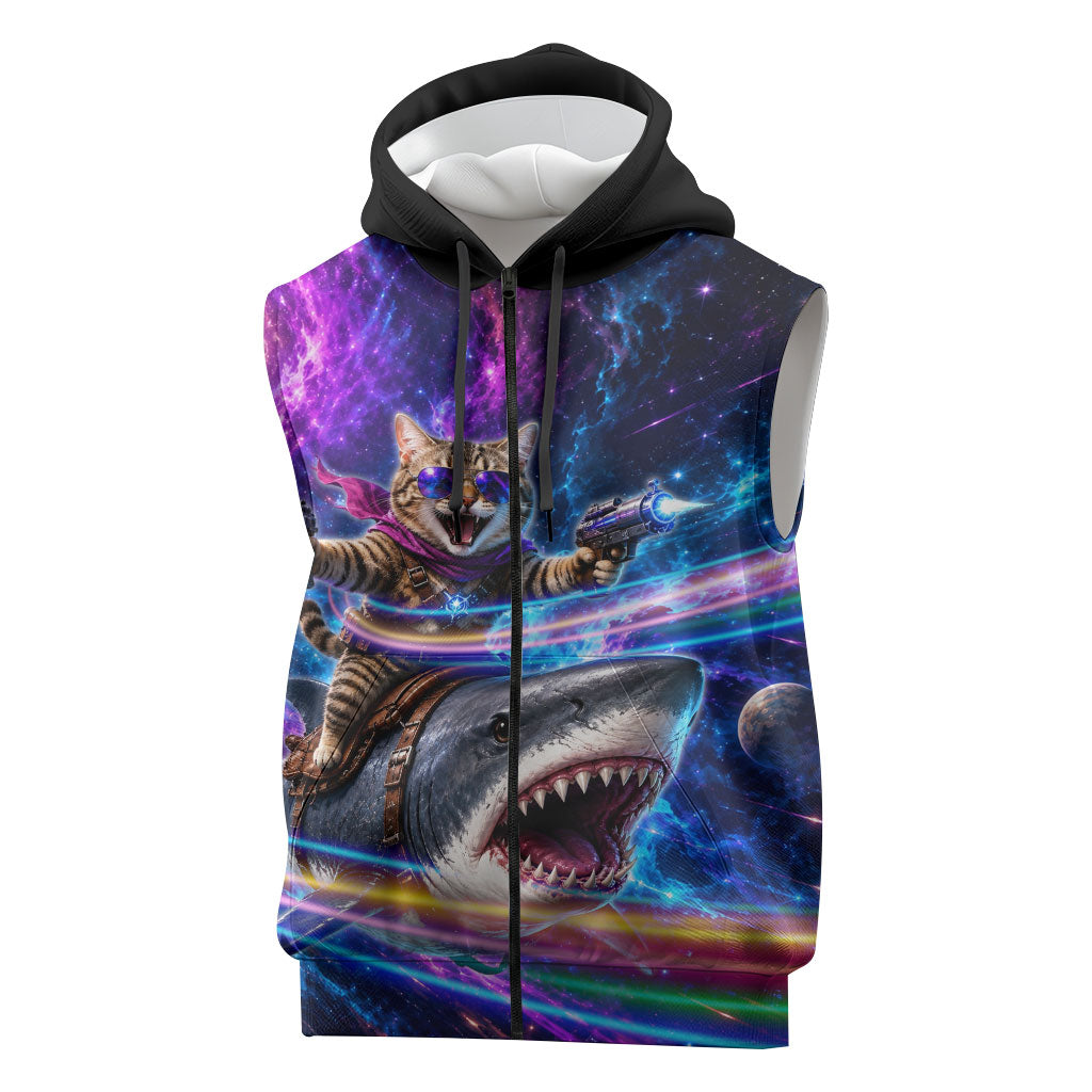 Cat Riding Shark In Space Sleeveless Zip Hoodie Funny Cosmic Laser Cat And Shark Surreal Sci-Fi