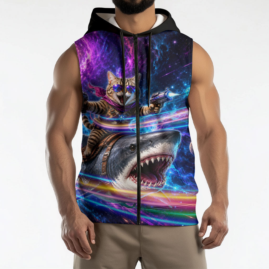 Cat Riding Shark In Space Sleeveless Zip Hoodie Funny Cosmic Laser Cat And Shark Surreal Sci-Fi