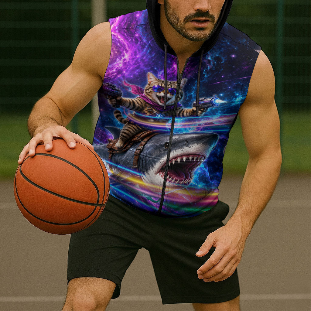 Cat Riding Shark In Space Sleeveless Zip Hoodie Funny Cosmic Laser Cat And Shark Surreal Sci-Fi