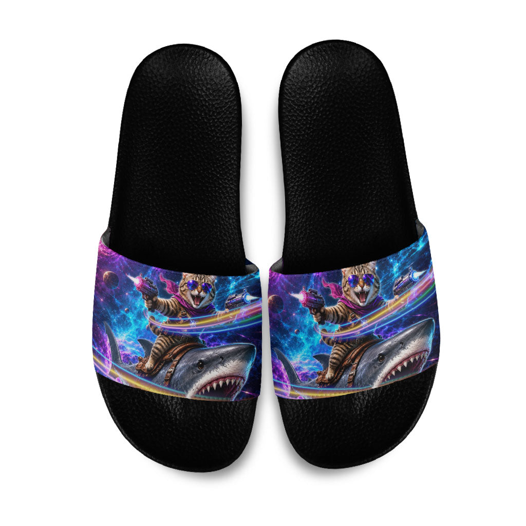 Cat Riding Shark In Space Slide Sandals Funny Cosmic Laser Cat And Shark Surreal Sci-Fi
