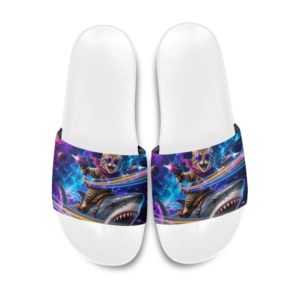 Cat Riding Shark In Space Slide Sandals Funny Cosmic Laser Cat And Shark Surreal Sci-Fi