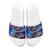 Cat Riding Shark In Space Slide Sandals Funny Cosmic Laser Cat And Shark Surreal Sci-Fi