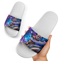 Cat Riding Shark In Space Slide Sandals Funny Cosmic Laser Cat And Shark Surreal Sci-Fi