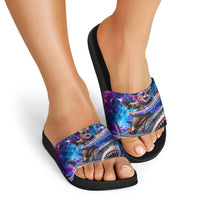 Cat Riding Shark In Space Slide Sandals Funny Cosmic Laser Cat And Shark Surreal Sci-Fi
