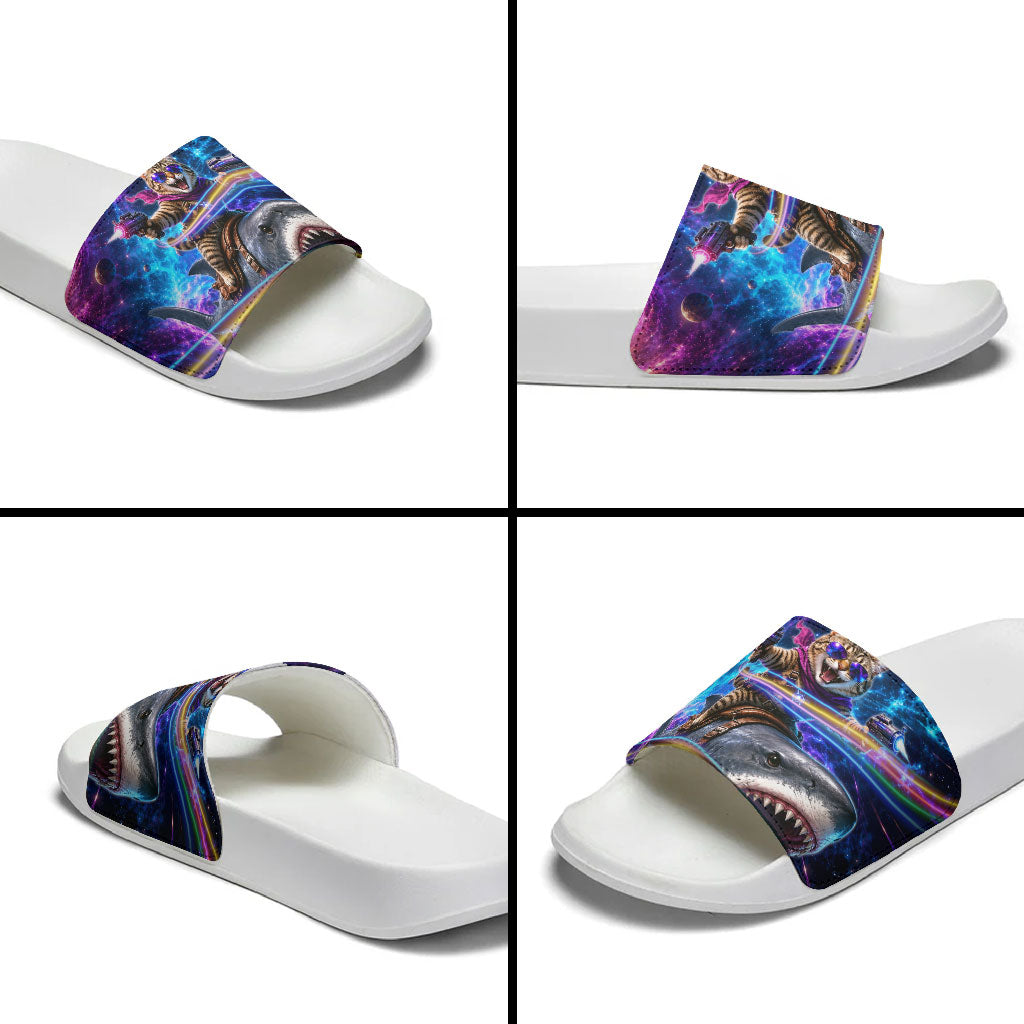 Cat Riding Shark In Space Slide Sandals Funny Cosmic Laser Cat And Shark Surreal Sci-Fi