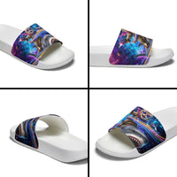 Cat Riding Shark In Space Slide Sandals Funny Cosmic Laser Cat And Shark Surreal Sci-Fi