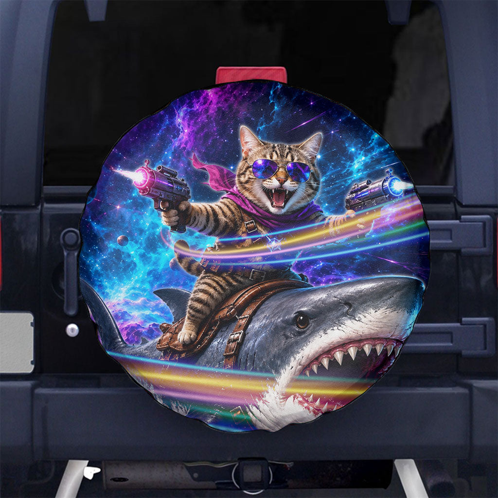 Cat Riding Shark In Space Spare Tire Cover Funny Cosmic Laser Cat And Shark Surreal Sci-Fi