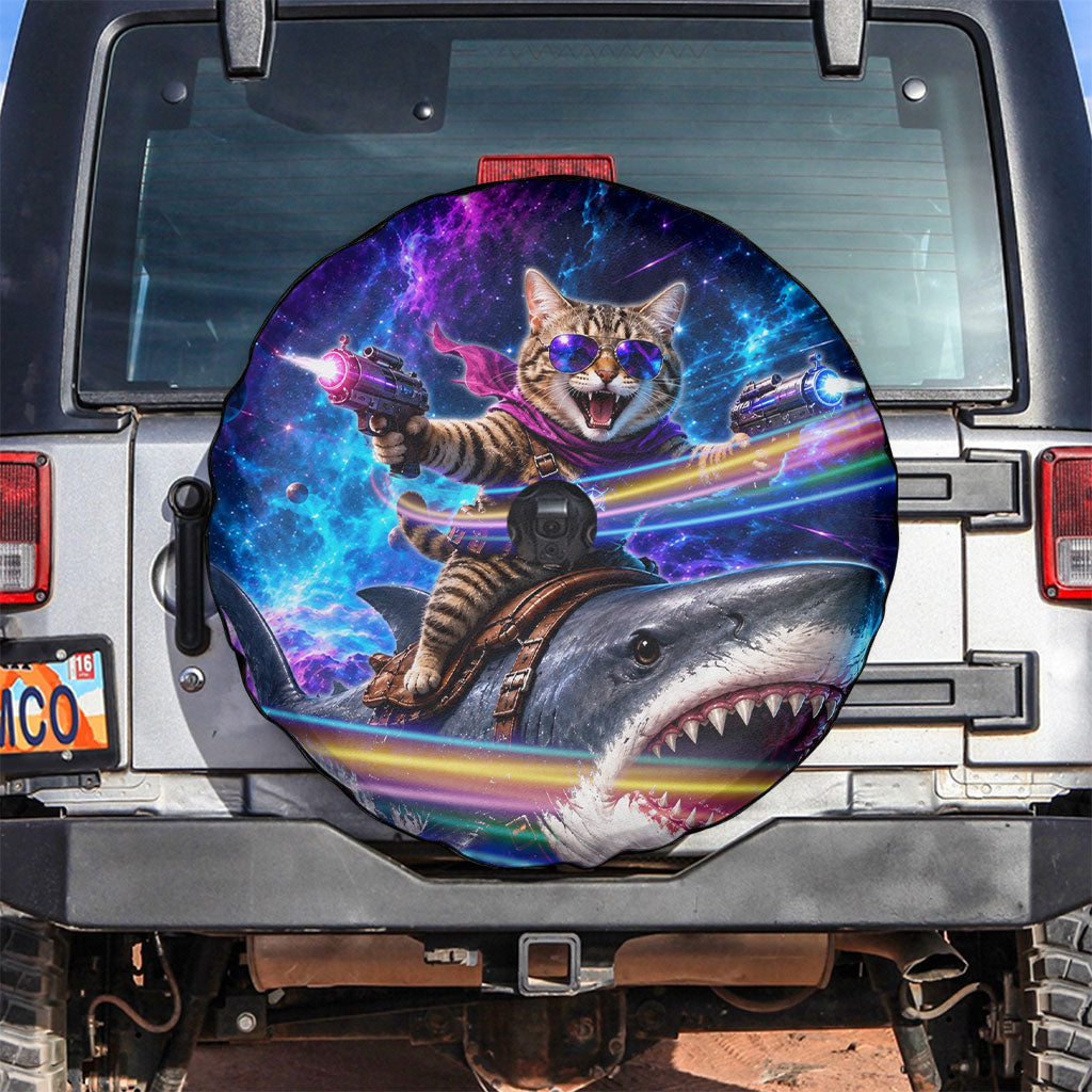 Cat Riding Shark In Space Spare Tire Cover Funny Cosmic Laser Cat And Shark Surreal Sci-Fi