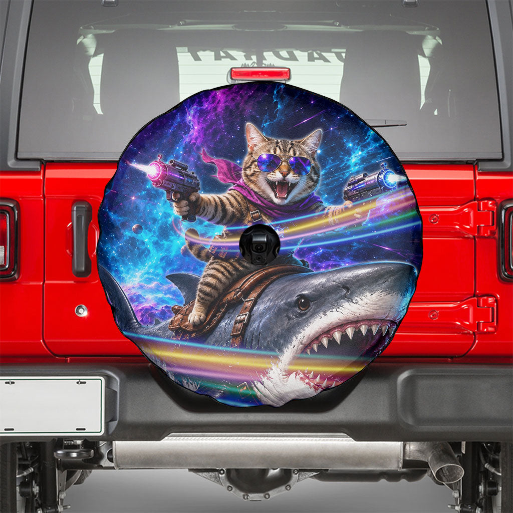 Cat Riding Shark In Space Spare Tire Cover Funny Cosmic Laser Cat And Shark Surreal Sci-Fi