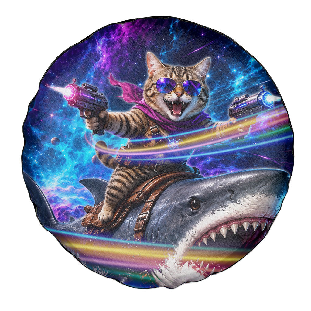 Cat Riding Shark In Space Spare Tire Cover Funny Cosmic Laser Cat And Shark Surreal Sci-Fi