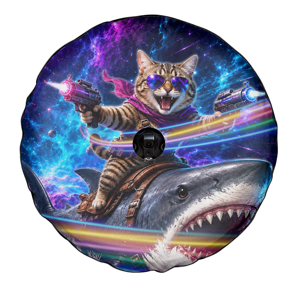 Cat Riding Shark In Space Spare Tire Cover Funny Cosmic Laser Cat And Shark Surreal Sci-Fi