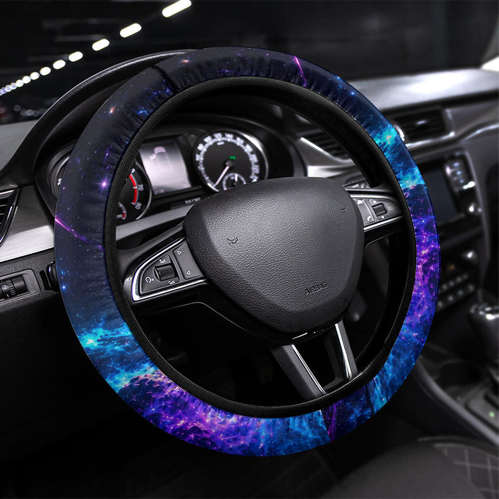 Cat Riding Shark In Space Steering Wheel Cover Funny Cosmic Laser Cat And Shark Surreal Sci-Fi