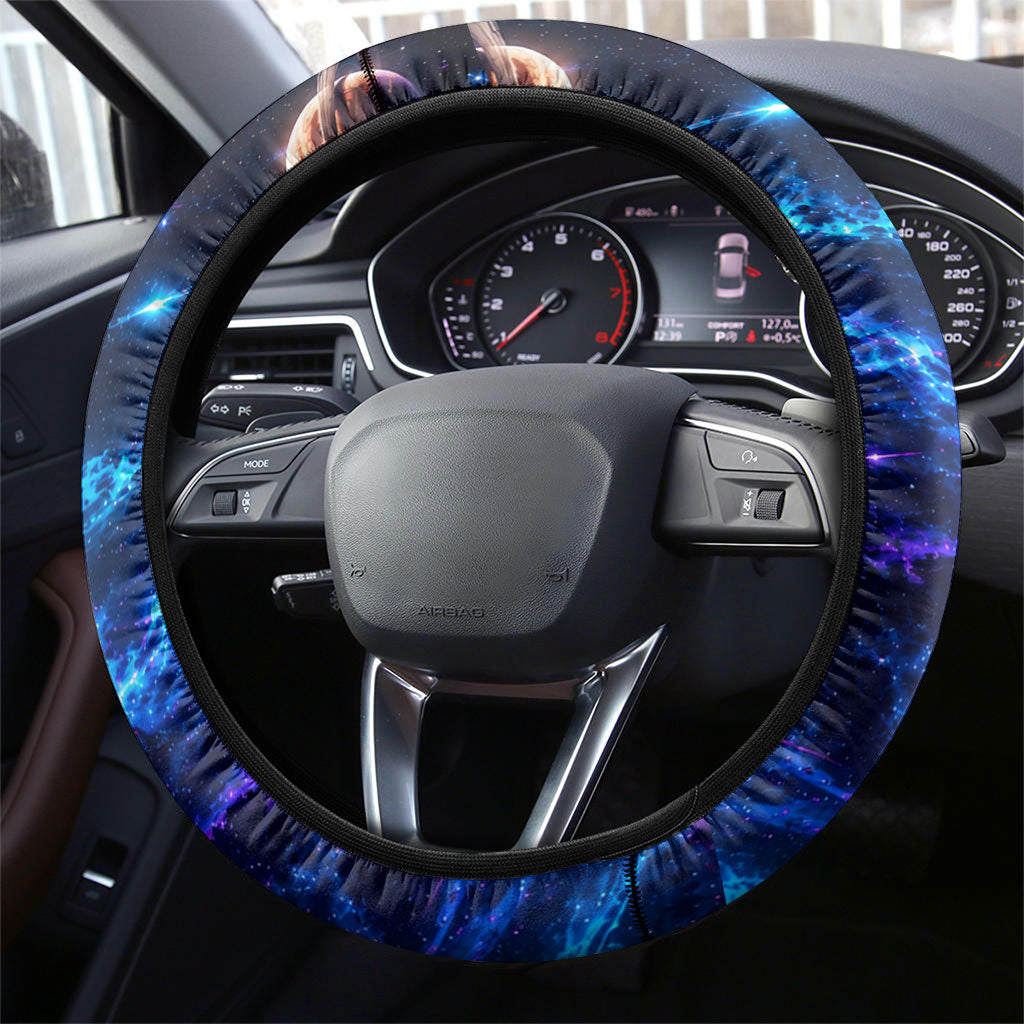 Cat Riding Shark In Space Steering Wheel Cover Funny Cosmic Laser Cat And Shark Surreal Sci-Fi