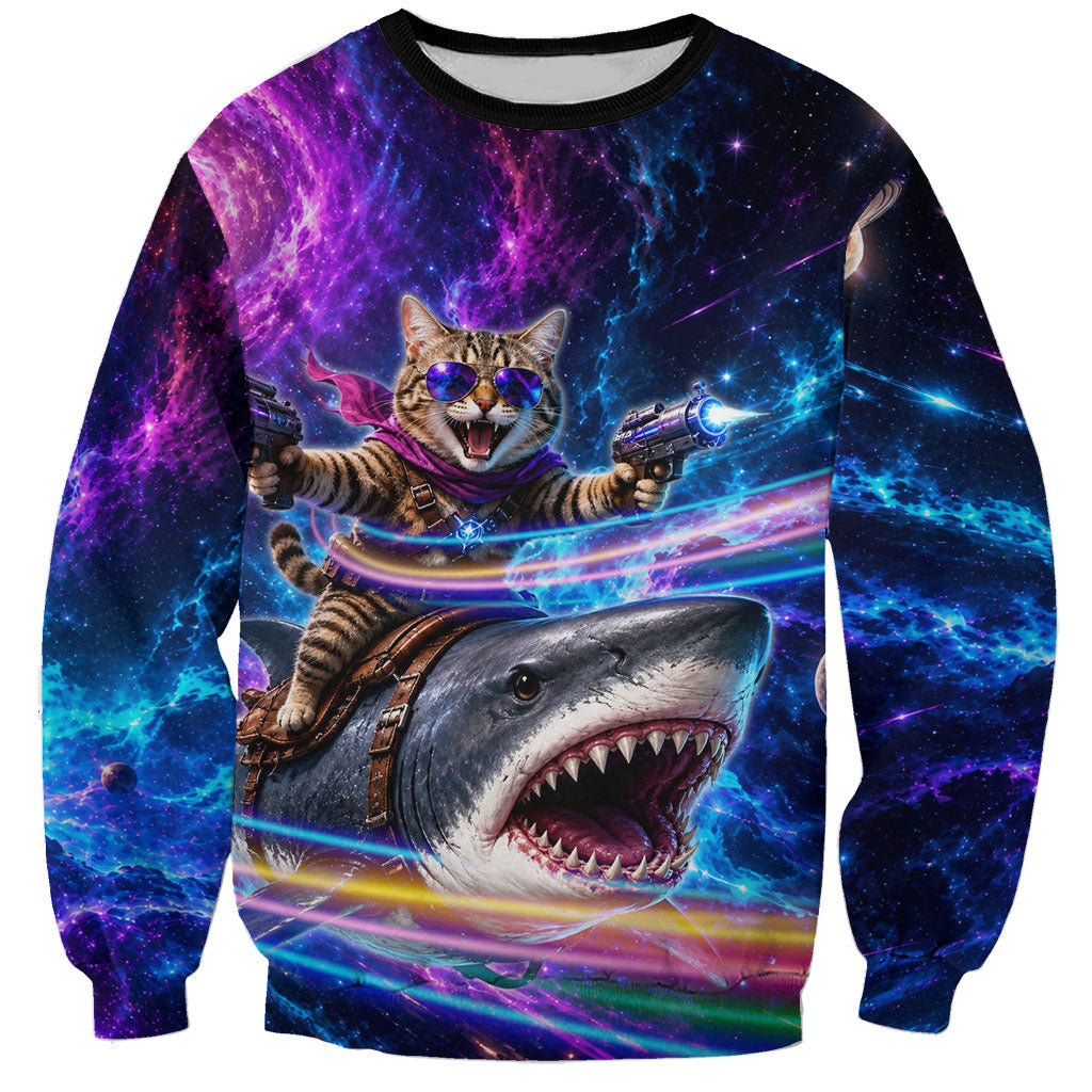 Cat Riding Shark In Space Sweatshirt Funny Cosmic Laser Cat And Shark Surreal Sci-Fi