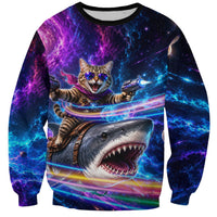 Cat Riding Shark In Space Sweatshirt Funny Cosmic Laser Cat And Shark Surreal Sci-Fi