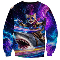 Cat Riding Shark In Space Sweatshirt Funny Cosmic Laser Cat And Shark Surreal Sci-Fi