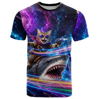 Cat Riding Shark In Space T Shirt Funny Cosmic Laser Cat And Shark Surreal Sci-Fi