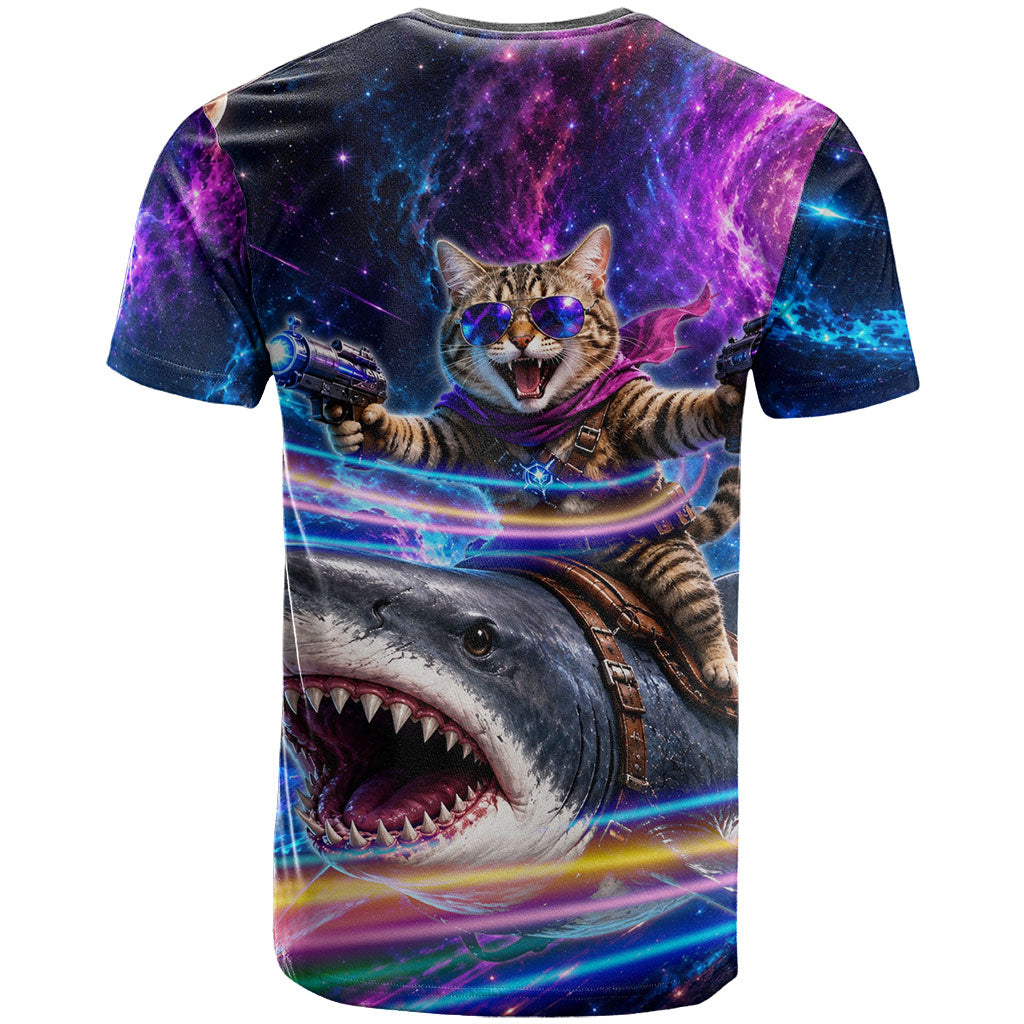 Cat Riding Shark In Space T Shirt Funny Cosmic Laser Cat And Shark Surreal Sci-Fi