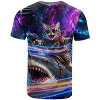 Cat Riding Shark In Space T Shirt Funny Cosmic Laser Cat And Shark Surreal Sci-Fi