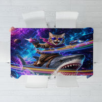 Cat Riding Shark In Space Tablecloth Funny Cosmic Laser Cat And Shark Surreal Sci-Fi