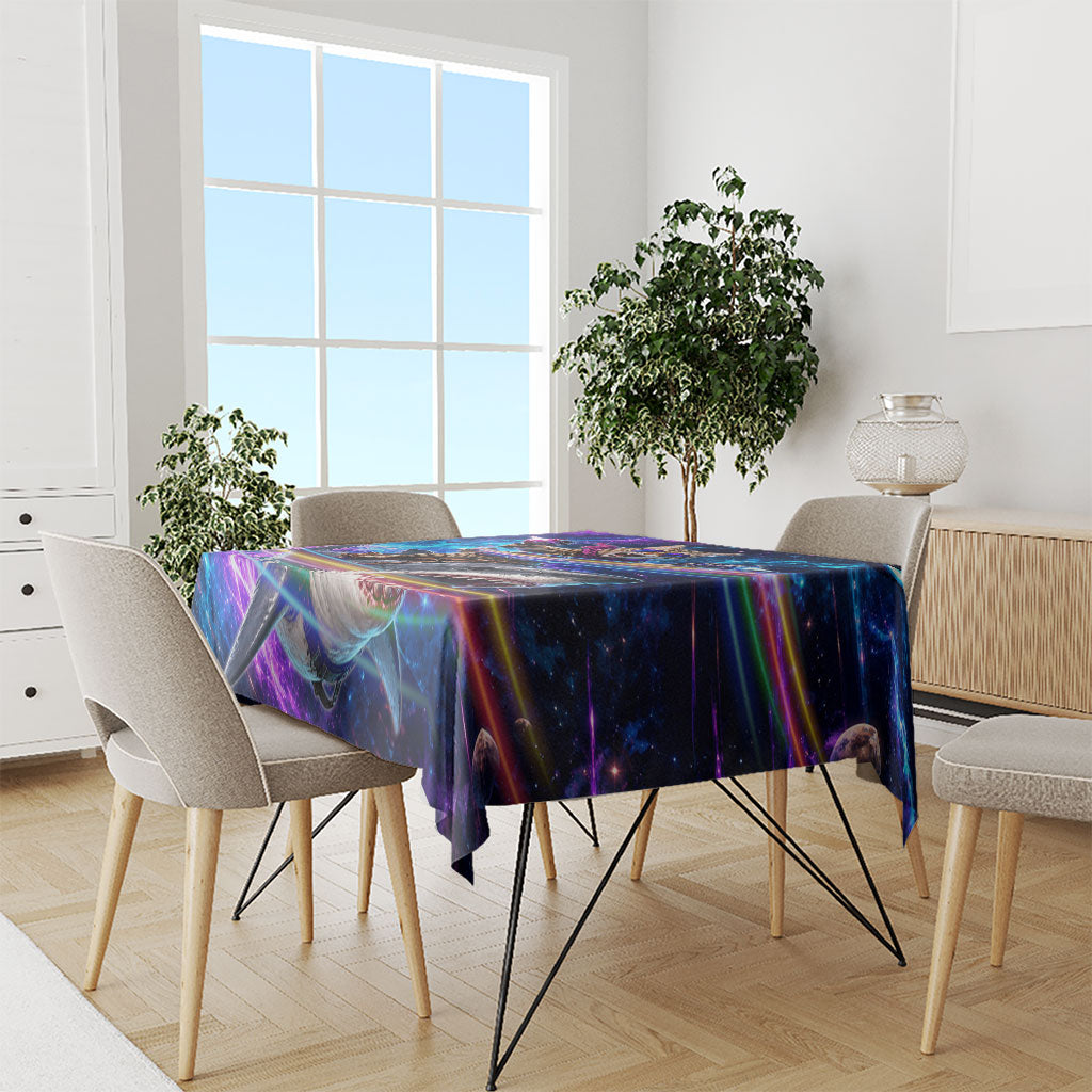 Cat Riding Shark In Space Tablecloth Funny Cosmic Laser Cat And Shark Surreal Sci-Fi