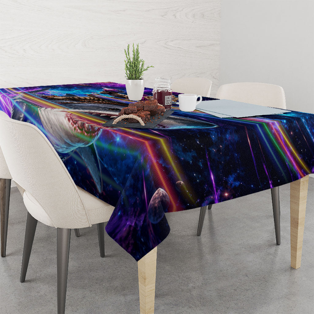 Cat Riding Shark In Space Tablecloth Funny Cosmic Laser Cat And Shark Surreal Sci-Fi