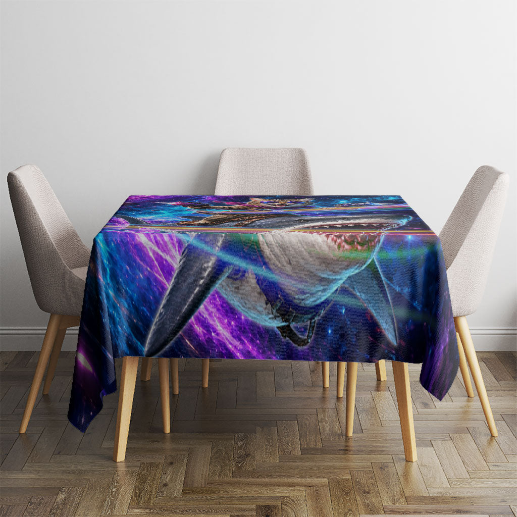 Cat Riding Shark In Space Tablecloth Funny Cosmic Laser Cat And Shark Surreal Sci-Fi