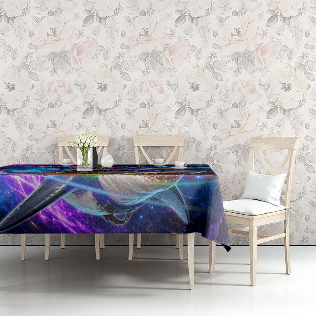 Cat Riding Shark In Space Tablecloth Funny Cosmic Laser Cat And Shark Surreal Sci-Fi