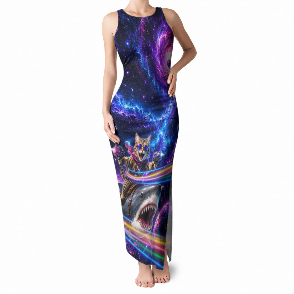 Cat Riding Shark In Space Tank Maxi Dress Funny Cosmic Laser Cat And Shark Surreal Sci-Fi