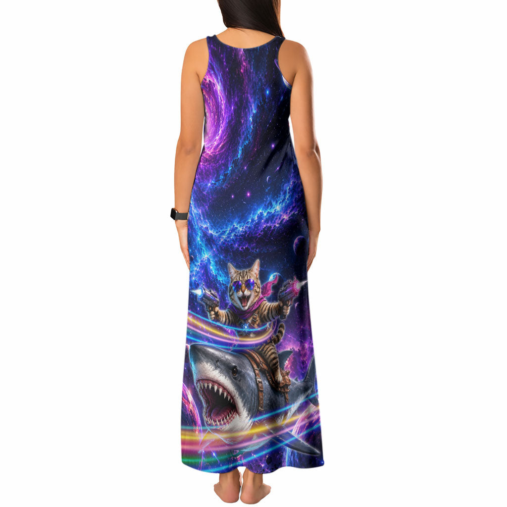 Cat Riding Shark In Space Tank Maxi Dress Funny Cosmic Laser Cat And Shark Surreal Sci-Fi