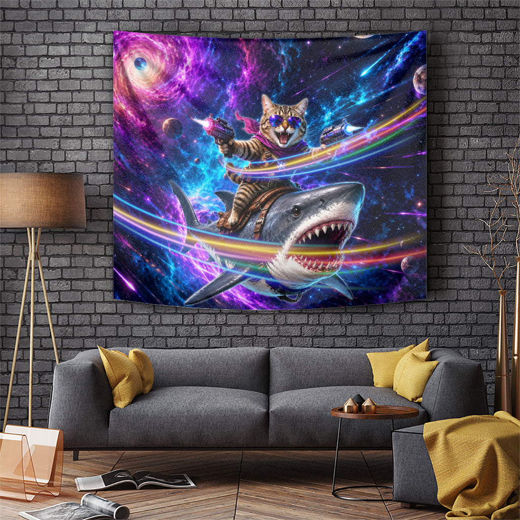 Cat Riding Shark In Space Tapestry Funny Cosmic Laser Cat And Shark Surreal Sci-Fi