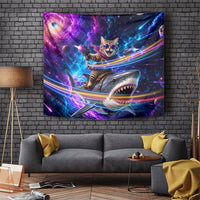 Cat Riding Shark In Space Tapestry Funny Cosmic Laser Cat And Shark Surreal Sci-Fi