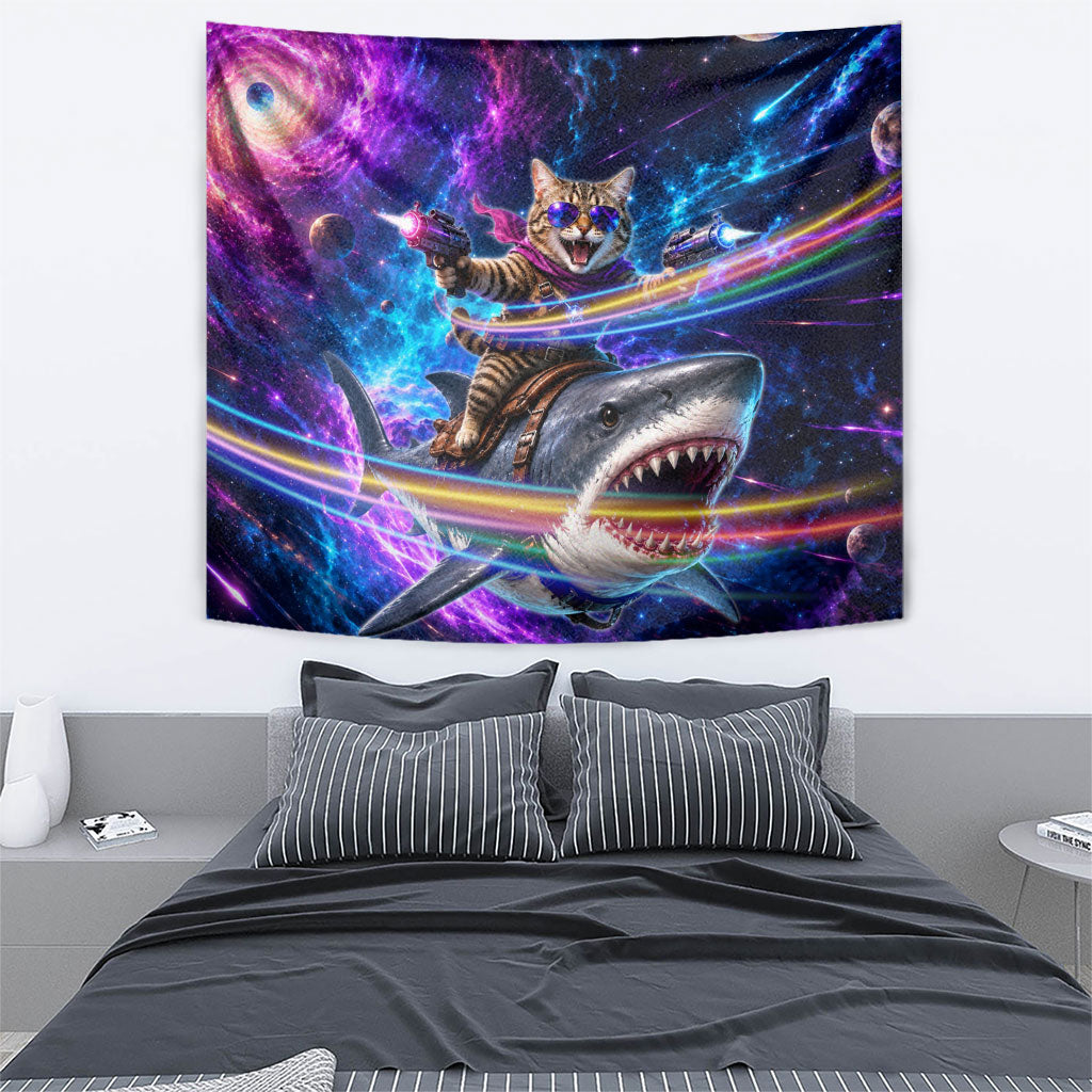Cat Riding Shark In Space Tapestry Funny Cosmic Laser Cat And Shark Surreal Sci-Fi
