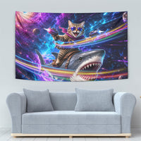 Cat Riding Shark In Space Tapestry Funny Cosmic Laser Cat And Shark Surreal Sci-Fi