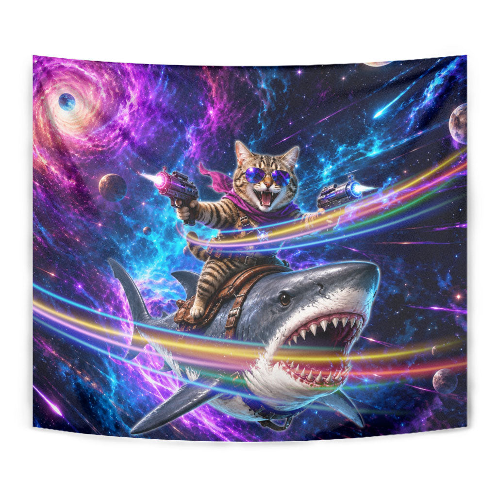 Cat Riding Shark In Space Tapestry Funny Cosmic Laser Cat And Shark Surreal Sci-Fi