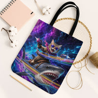 Cat Riding Shark In Space Tote Bag Funny Cosmic Laser Cat And Shark Surreal Sci-Fi