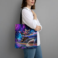 Cat Riding Shark In Space Tote Bag Funny Cosmic Laser Cat And Shark Surreal Sci-Fi