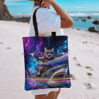 Cat Riding Shark In Space Tote Bag Funny Cosmic Laser Cat And Shark Surreal Sci-Fi
